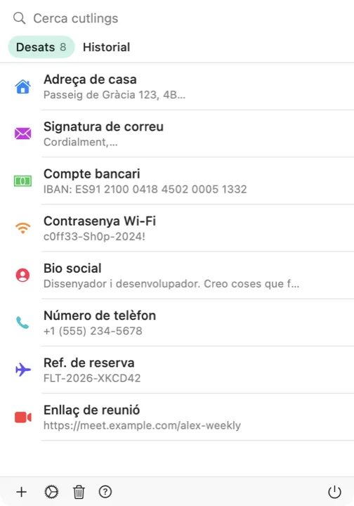El selector de Cutling al Mac, amb una llista de cutlings desats
