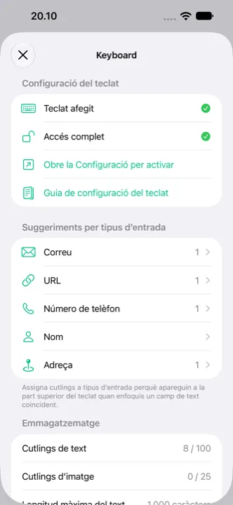 Pantalla d’ajustaments amb la sincronització d’iCloud
