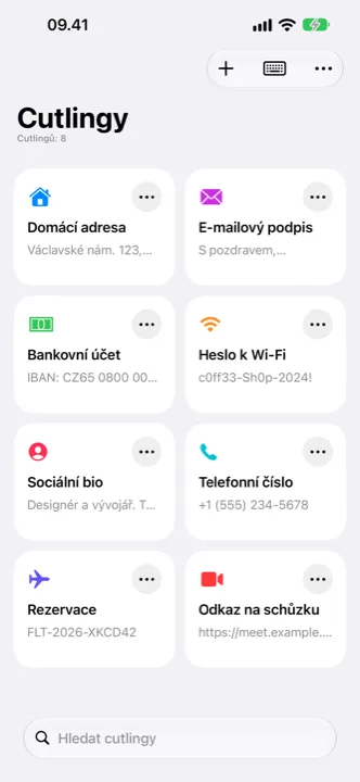 Hlavní obrazovka Cutlingu s uloženými cutlingy