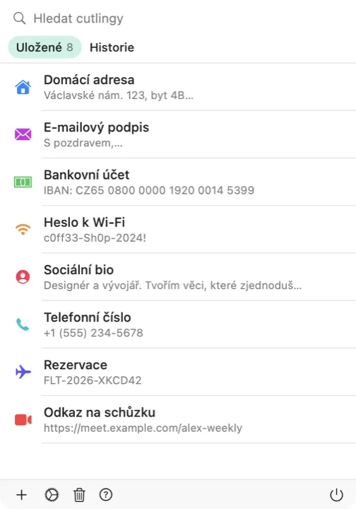Okno pro výběr cutlingů na Macu se seznamem uložených cutlingů