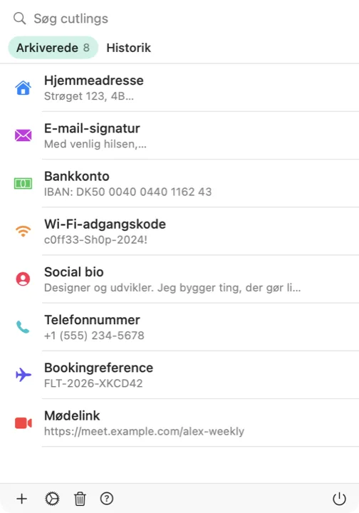 Cutlings vælger på en Mac med en liste over gemte cutlings