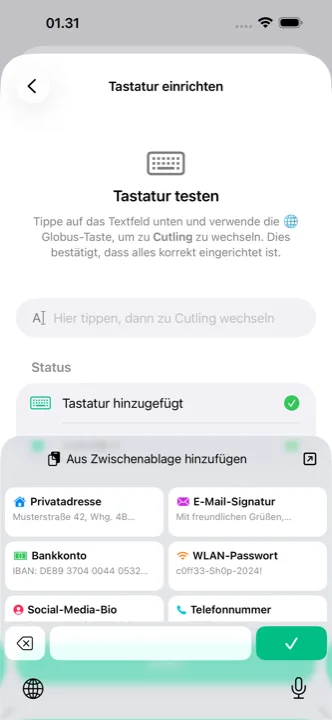 Die Cutling-Tastatur, geöffnet auf einem iPhone, mit gespeicherten Cutlings zum Antippen