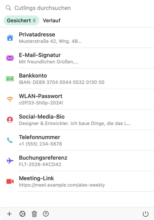Die Cutling-Auswahl auf einem Mac mit einer Liste gespeicherter Cutlings