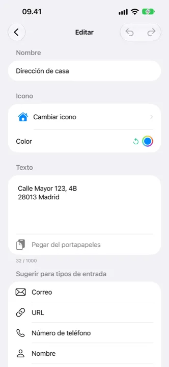 Edición de un cutling, eligiendo icono y color