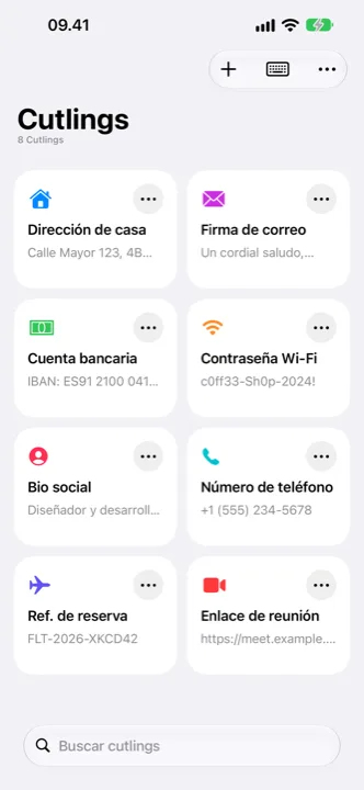Pantalla principal de Cutling con los cutlings guardados