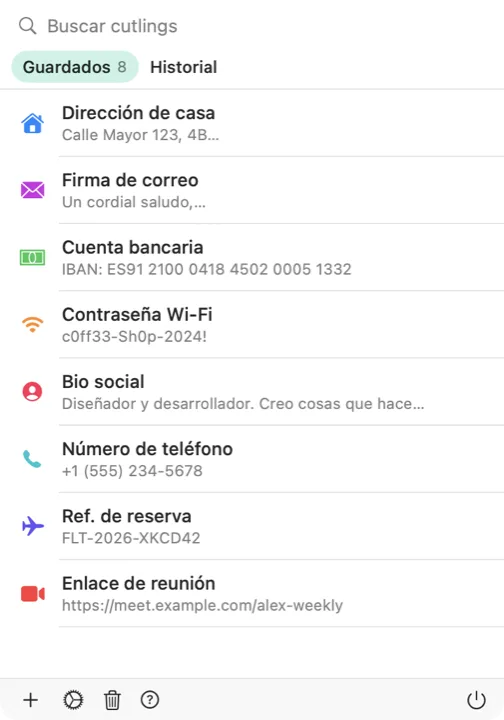El selector de Cutling en un Mac, con una lista de cutlings guardados
