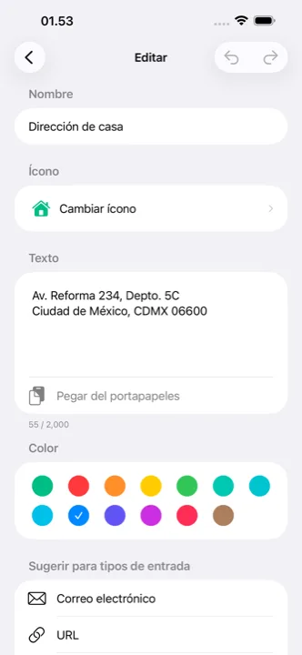 Edición de un cutling, con la selección de ícono y color