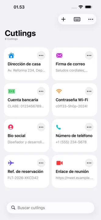 Pantalla principal de Cutling con los cutlings guardados
