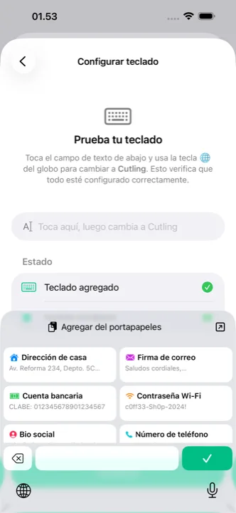 El teclado Cutling abierto en un iPhone, con cutlings guardados listos para tocar