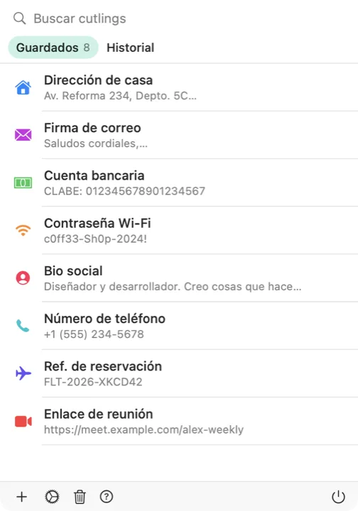 El selector de Cutling en un Mac, con una lista de cutlings guardados
