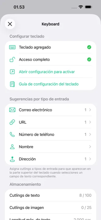 Pantalla de ajustes con la sincronización con iCloud