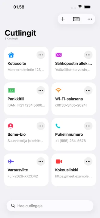 Cutlingin päänäkymä, jossa näkyvät tallennetut cutlingit
