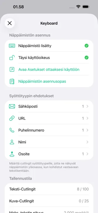 Asetusnäkymä, jossa iCloud-synkronointi
