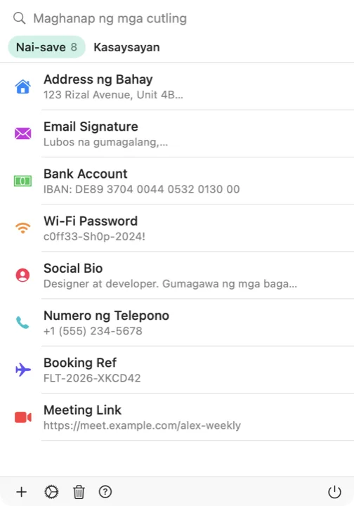 Ang picker ng Cutling sa Mac, nakalista ang mga naka-save na cutling
