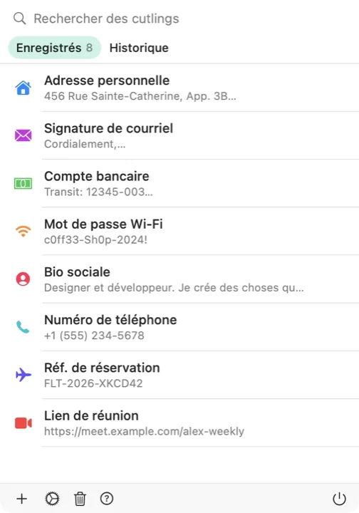 Le sélecteur de Cutling sur Mac, avec la liste des cutlings enregistrés