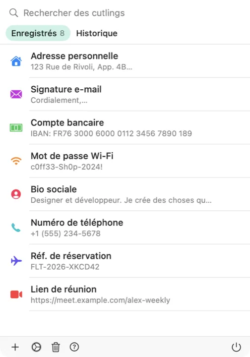 Le sélecteur de Cutling sur Mac, avec la liste des cutlings enregistrés