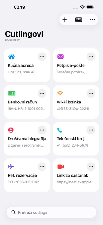Glavni zaslon Cutlinga sa spremljenim cutlinzima