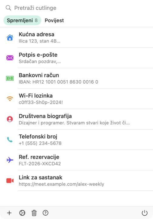 Cutlingov birač na Macu s popisom spremljenih cutlinga
