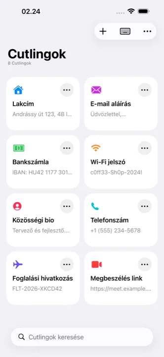 A Cutling főképernyője a mentett cutlingokkal