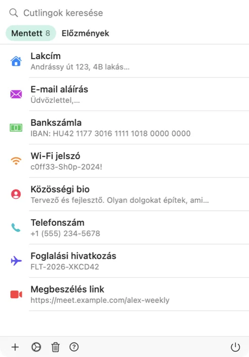 A Cutling választója Mac-en, a mentett cutlingok listájával