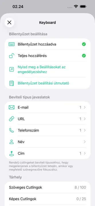 A beállítások képernyő az iCloud-szinkronizálással