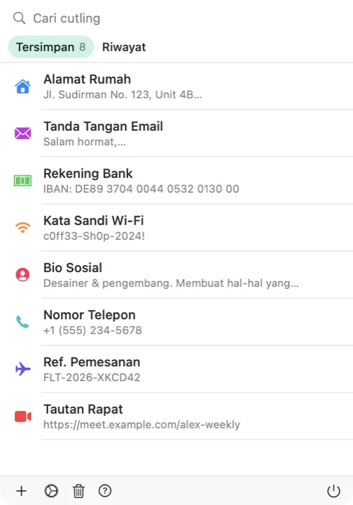 Pemilih Cutling di Mac yang memuat daftar cutling tersimpan