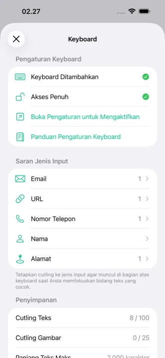 Layar pengaturan dengan sinkronisasi iCloud