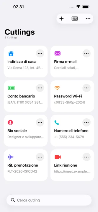 La schermata principale di Cutling con i cutling salvati