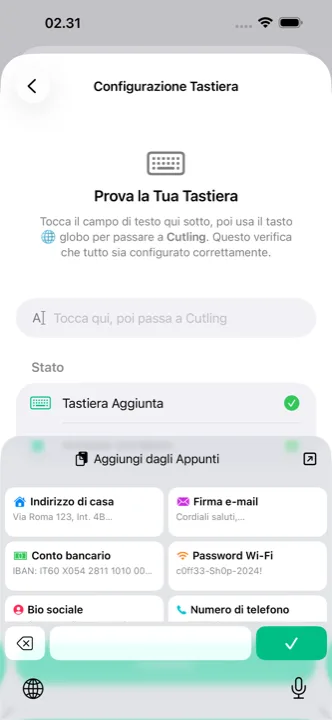 La tastiera Cutling aperta su iPhone, con i cutling salvati pronti da toccare
