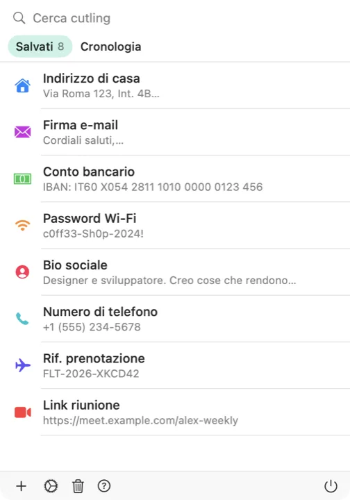 Il selettore di Cutling su Mac con l’elenco dei cutling salvati