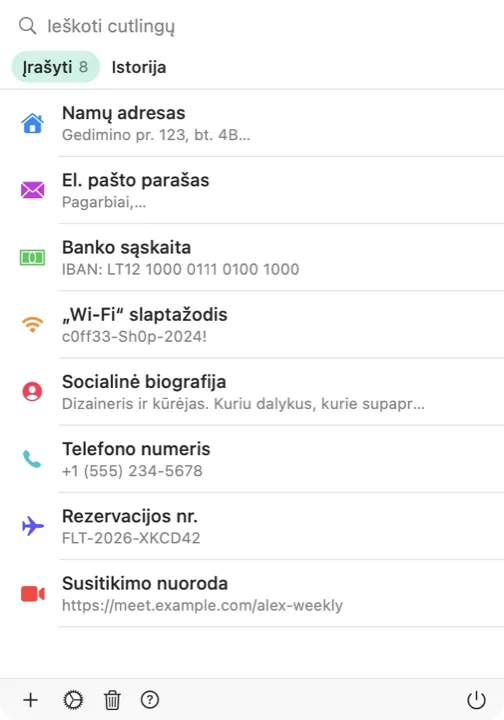 Cutling parinkiklis Mac kompiuteryje su išsaugotų cutlingų sąrašu