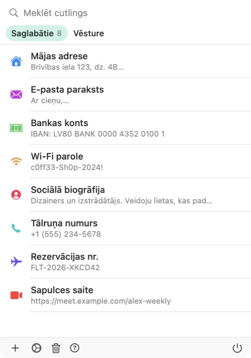 Cutling izvēlne Mac datorā ar saglabāto cutling sarakstu