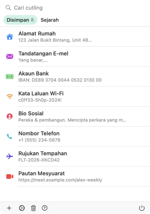 Pemilih Cutling pada Mac yang menyenaraikan cutling tersimpan