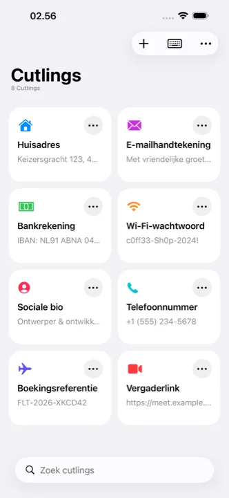 Het hoofdscherm van Cutling met bewaarde cutlings