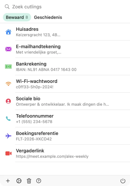 De Cutling-kiezer op een Mac met een lijst van bewaarde cutlings