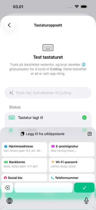 Cutling-tastaturet åpent på en telefon, med lagrede cutlinger klare til å trykkes på