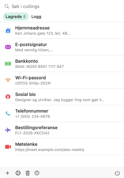 Cutling-velgeren på en Mac, med en liste over lagrede cutlinger