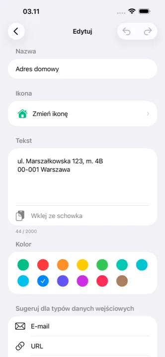 Edycja cutlinga z wyborem ikony i koloru