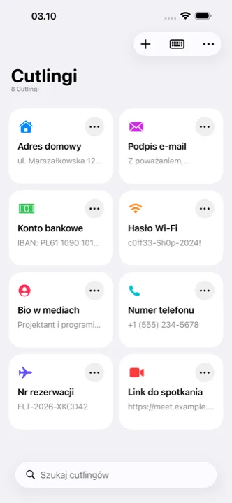 Główny ekran aplikacji z zapisanymi cutlingami