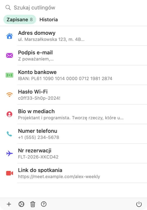 Okno wyboru Cutling na Macu z listą zapisanych cutlingów