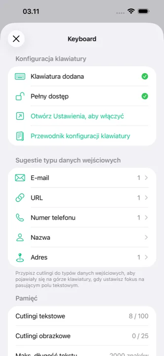 Ekran ustawień z synchronizacją iCloud
