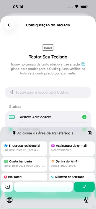 Teclado do Cutling aberto em um celular, com cutlings salvos prontos para tocar