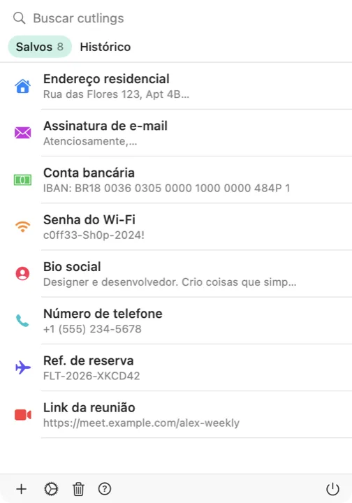 Seletor do Cutling no Mac, com a lista de cutlings salvos