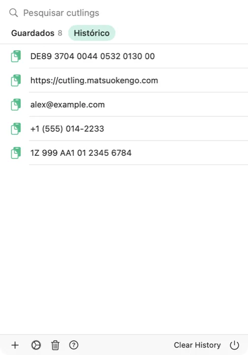 O seletor do Cutling num Mac, com a lista de cutlings guardados