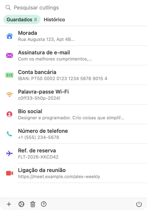 O seletor do Cutling num Mac, com a lista de cutlings guardados
