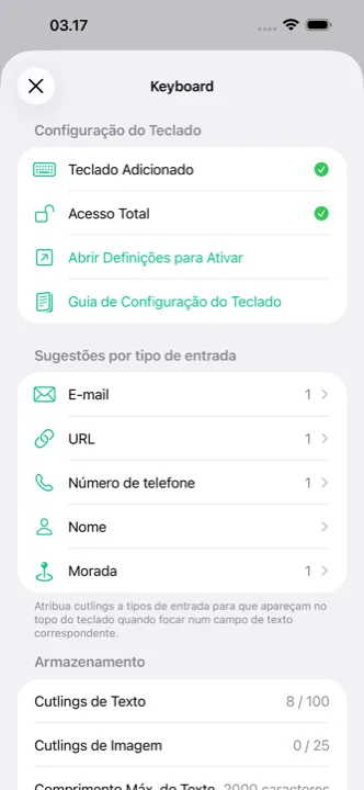 Ecrã de definições com a sincronização do iCloud