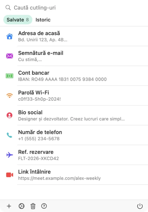 Selectorul Cutling pe un Mac, cu lista cutling-urilor salvate