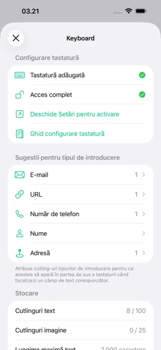 Ecranul de setări, cu sincronizarea iCloud
