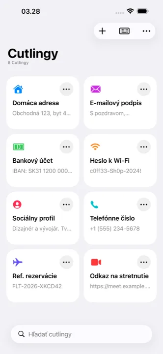 Hlavná obrazovka aplikácie Cutling s uloženými cutlingmi