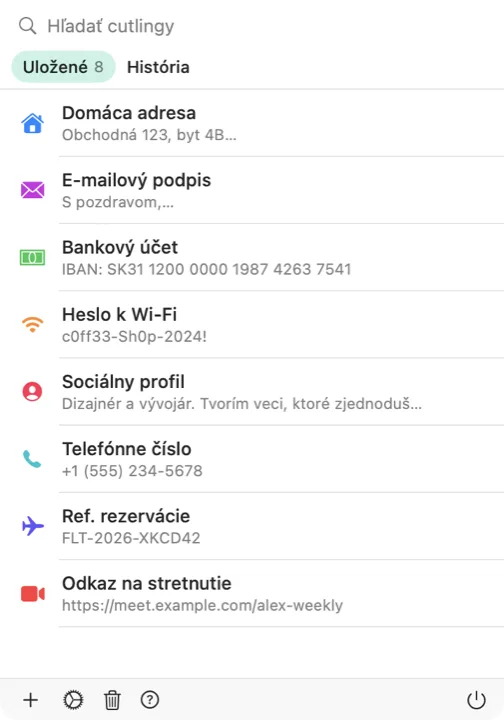 Výber Cutling na Macu so zoznamom uložených cutlingov
